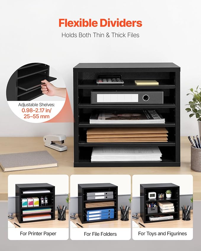 VEVOR Literature Organizer, 5 Compartments Office Mailbox with Adjustable Shelves, Wooden Mailbox Sorter with MDF, Countertop Office Home Classroom Storage Organizer for File, Document, Paper, Black - Image 5