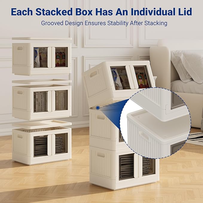 FLEXIMOUNTS 75 QT Stackable Storage Bins With Lids, Collapsible Plastic Storage Bins, Closet Organizers and Storage Containers with Doors and Built-in Wheels For Home, 2 Pack Cubes, Milky White - Image 3