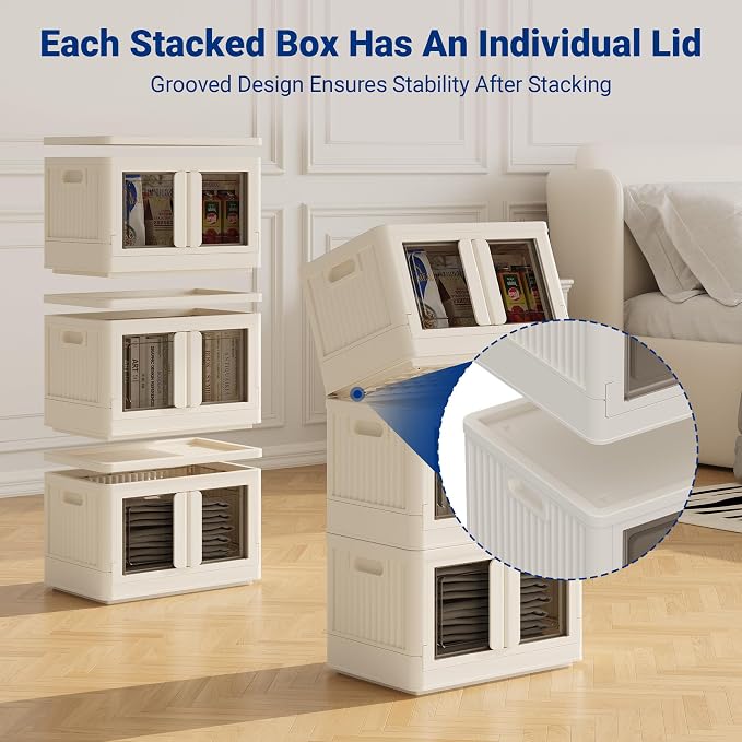 FLEXIMOUNTS 110 QT Stackable Storage Bins With Lids, Collapsible Plastic Storage Bins With Doors and Built-in Wheels For Home Dorm Closet Organizers and Storage, 3 Pack Cubes, Milky White - Image 7
