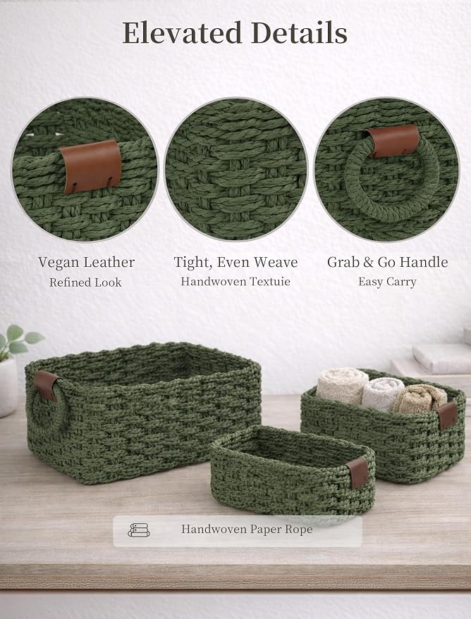 Storage Basket, Recycled Paper Rope Bathroom Basket Organizer, 3Pcs Small Baskets for Organizing, Mini wicker Basket for Decorative Storage Bins, Shelves, Bathroom, Cabinet - Green - Image 4