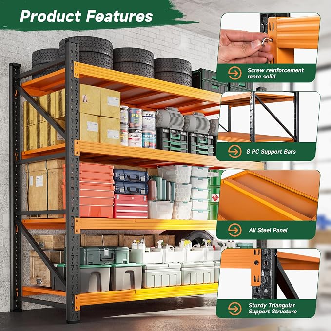Letaya 4000LBS Heavy Duty Storage Shelves,60" W Metal Garage Shelving Units,4 Tier Large Tall Industrial Shelving,Adjustable Utility Rack Shelf for Warehouse,Basement (Orange, 60" W x 24" D x 70" H) - Image 5