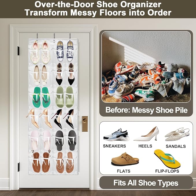 Over the Door Shoe Organizer - 2 Pack Shoe Rack for Door with 24 Pockets and Hooks, Shoe Holder Back of Door Organizers for Shoes, Hanging Shoe Organizer for Space Saving, White - Image 2