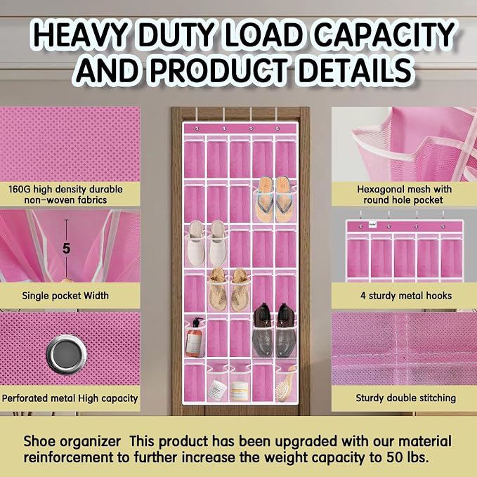 Kotkn Over the Door Shoe Organizer with 30 Breathable Mesh Pockets - Large Capacity Closet Storage for Men & Women, Hanging Shoe Rack Organizer (Pink) - Image 2