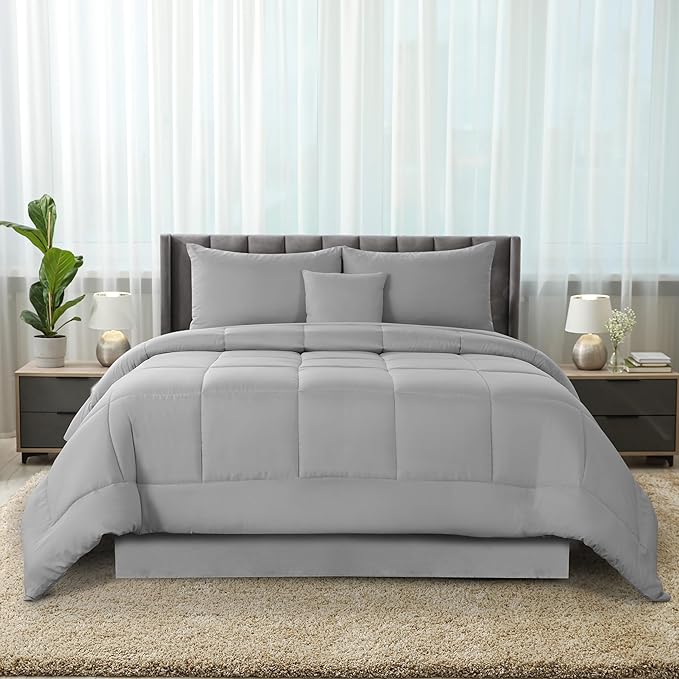 LUX Décor 5pc King Comforter Set, All-in-One Bed in a Bag, Includes 1 Comforter, 2 Pillow Shams, 1 Decorative Pillow & 1 Bed Skirt (Grey, King)