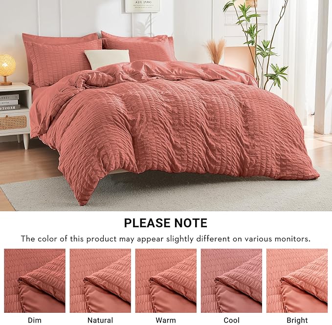 HYMOKEGE Coral Twin Comforter Set Seersucker 5 Pieces, All Season Luxury Bed in a Bag for Bedroom, Bedding Set with Comforter, Sheets, Pillowcase & Sham