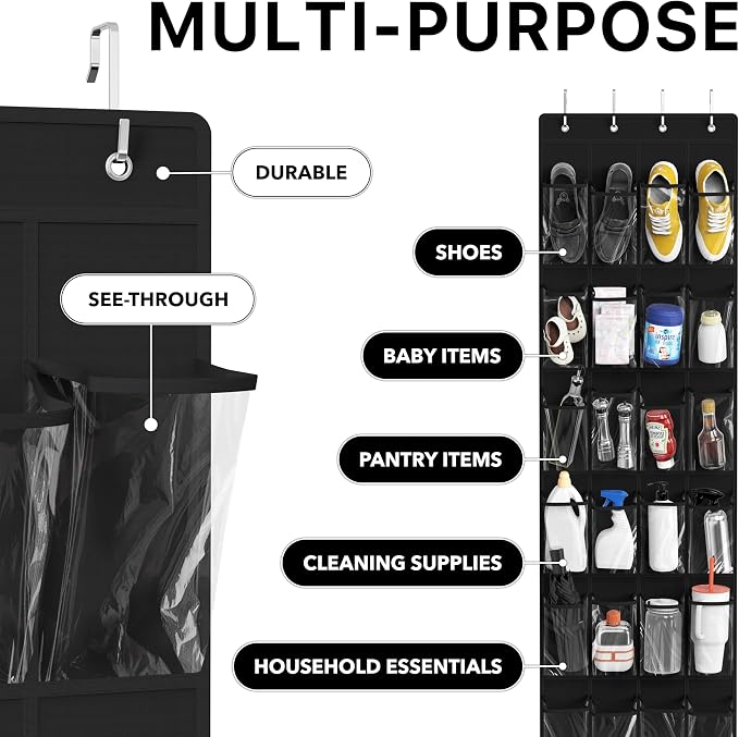 Simple Houseware 24 Pockets - Crystal Clear Over The Door Hanging Shoe Organizer, Black (64'' x 19'') - Image 5