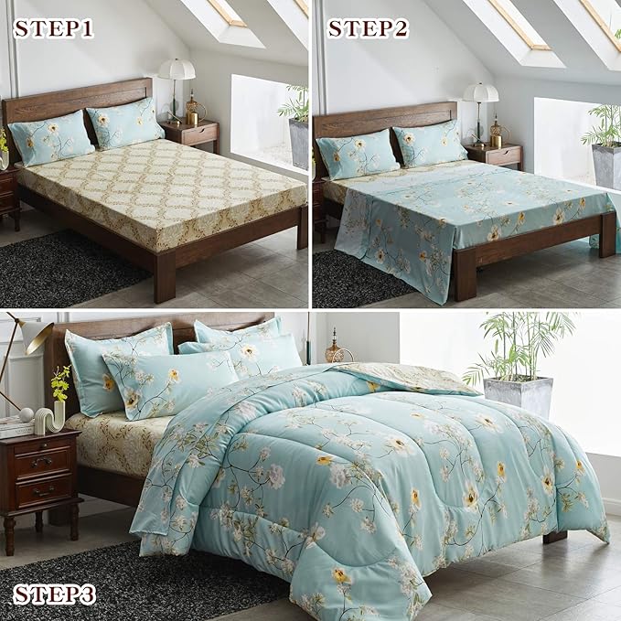 Joyreap 6 Piece Bed in a Bag Twin, Aqua Floral Elegant Design, Smooth Soft Microfiber Comforter Set for All Season (1 Comforter, 2 Pillow Shams, 1 Flat Sheet, 1 Fitted Sheet, 1 Pillowcase)