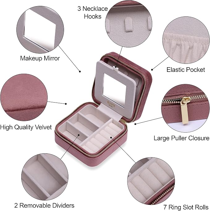 BLUTETE Travel Jewelry Box Organizer Velvet Travel Case With Mirror Ring Earrings Necklaces Storage Organizer Box (Dusty Pink) - Image 6