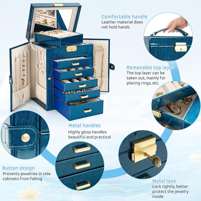 AKOZLIN 6-Tier Jewelry Box Lockable Leather Jewelry Storage Case with 5 Drawers for Women Girls Ring Necklace Earring Bracelet Holder Organizer with Mirror Blue - Image 7