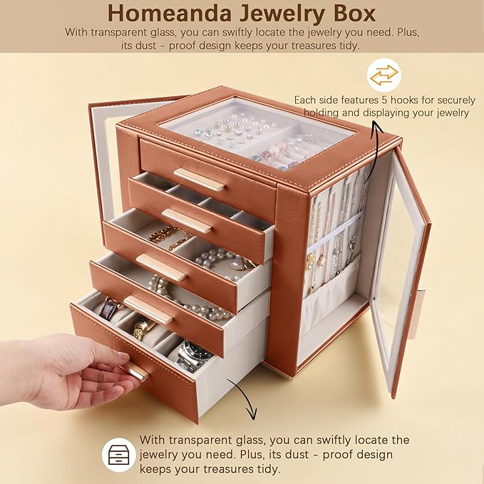 Homeanda Jewelry Box for Women with Glass Lid, 5 Drawers Jewelry Organizer and Storage for Necklaces, Rings, Earrings, Bracelets, Gift for Girls and Teens,PU Leather (Brown) - Image 6