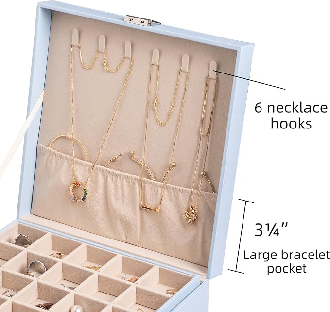 Frebeauty Earring Organizer Classic Jewelry Box 50 Slots Double Layer Jewelry Storage Case with 6 Necklace Hook and Bracelet Pocket(Sky Blue) - Image 4