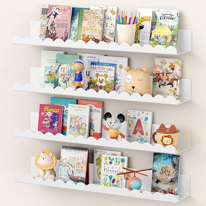 Floating Shelves for Wall, 23 Inch Metal Nursery Book Shelves 4 Pack, Wall Mounted Book Shelf for Kids Room, Bedroom, Bathroom, Playroom Decor （White） by Gattlukd