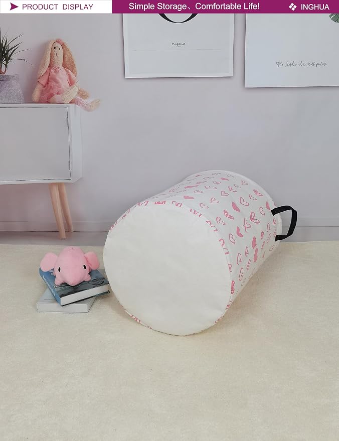 Laundry Hamper Large Canvas Fabric Lightweight Storage Basket/Toy Organizer/Dirty Clothes Collapsible Waterproof for College Dorms, Boys and Girls Bedroom,Bathroom(Pink hearts) - Image 4