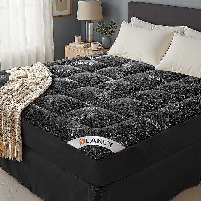 OLANLY Full Mattress Topper – Viscose Made from Bamboo, Cooling Soft Full Pillow Top Mattress Pad for Back Pain Relief, Plush Down Alternative Fill Bed Topper with Elastic Deep Pocket, Dark Gray