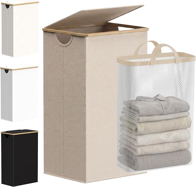 efluky 26 Gal Laundry Basket with Lid and Net Bag, Tall Laundry Hamper with Bamboo Handles, Aesthetic Dirty Clothes Bin for Laundry Room, Bathroom, Bedroom and Dorm, Oatmeal by efluky