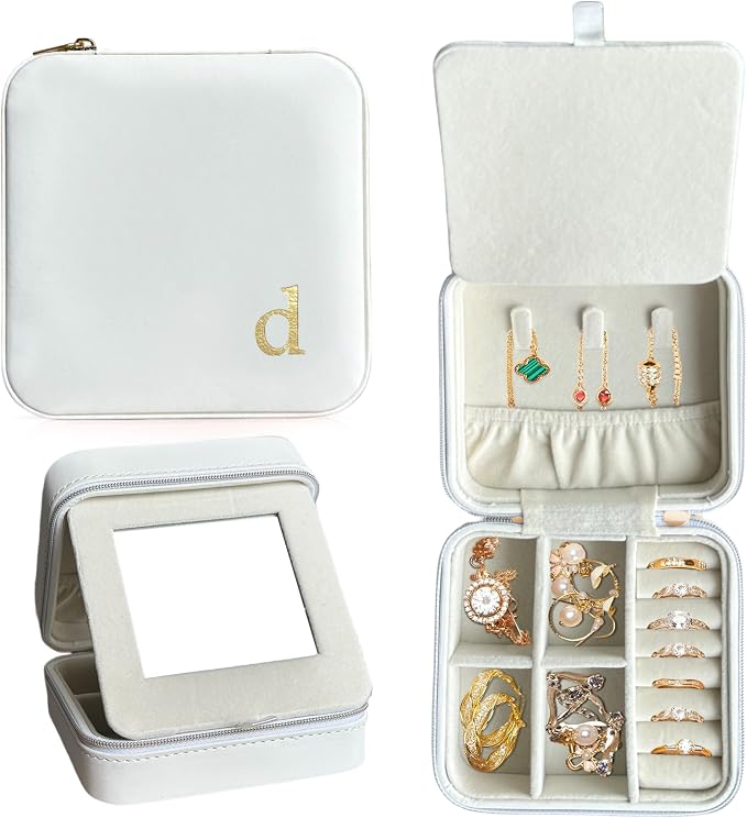 COLLECTIVE HOME - Travel Jewelry Case, Elegant Square Design with Gold Engraved Monogram, Built-in Mirror, Personalized Accessory Organizer for Rings, Necklaces, Gift for Women and Teens (d) by COLLECTIVEHOME