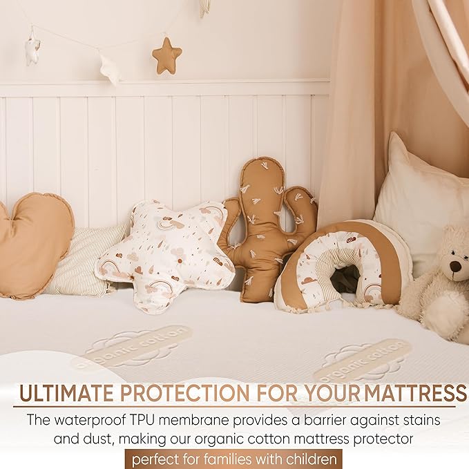 Deluxe Organic Crib Mattress Protector Pad – Waterproof & Breathable Organic Cotton Cover for Baby & Toddler Beds – Premium 280 GSM Knitted Jacquard, Soft Jersey Skirt