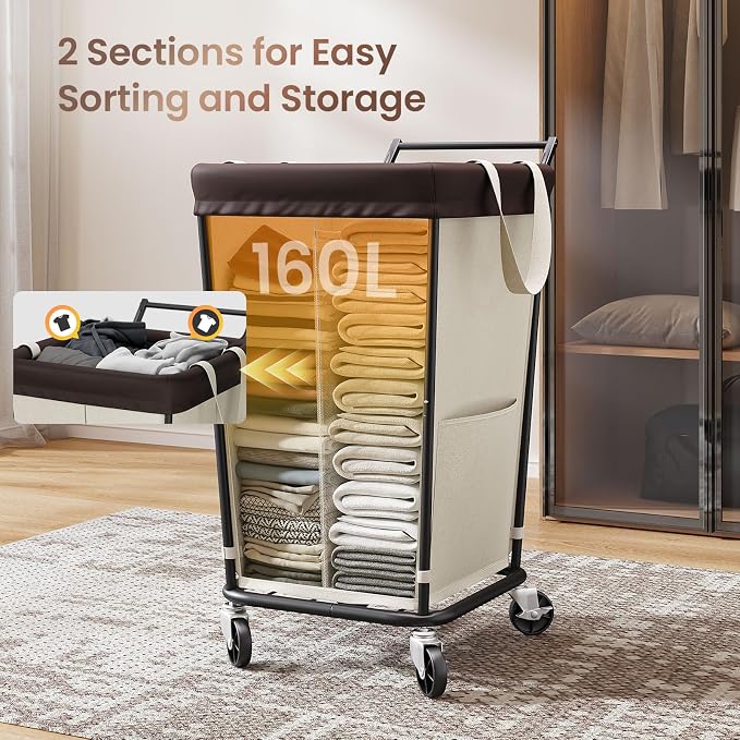 160L Laundry Hamper with Wheels and Handle, 2-Section Rolling Hamper for Laundry, Large Laundry Basket with Wheels, Rolling Laundry Basket Clothes Hamper for Home, Bathroom and Dorm(Beige) - Image 4
