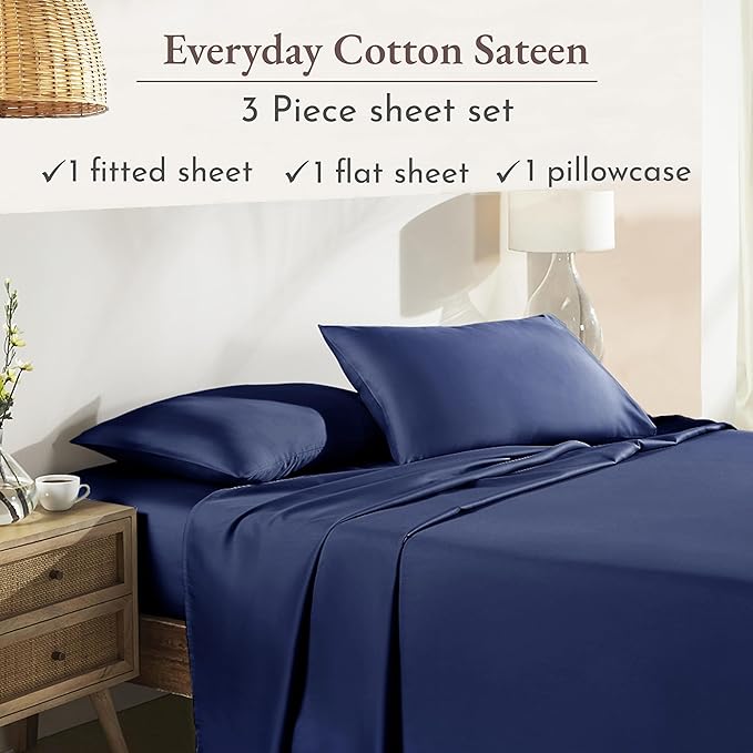 California Design Den XL Twin Sheets Set - Natural 100% Cotton Sheets with 12" Pockets, Soft Sateen Weave, Breathable and Durable Bedding Set for Dorm Rooms, College (Navy Blue)