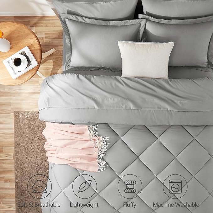 CozyLux Oversized Queen Comforter Set Light Grey, 7 Pieces Bed in a Bag Comforter Set with Sheets Luxury Bed Set All Seasons, Bedding Set with Down Alternative Comforter, Sheets, Pillowcases & Shams