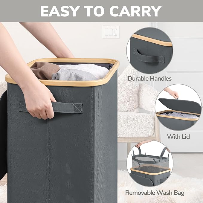 Goodpick Laundry Basket with Wheels, Large Rolling Laundry Hamper Slim Clothes Hampers with Removable Wash Bag Collapsible Dirty Clothes Basket with Lid, 100L, Gray - Image 5