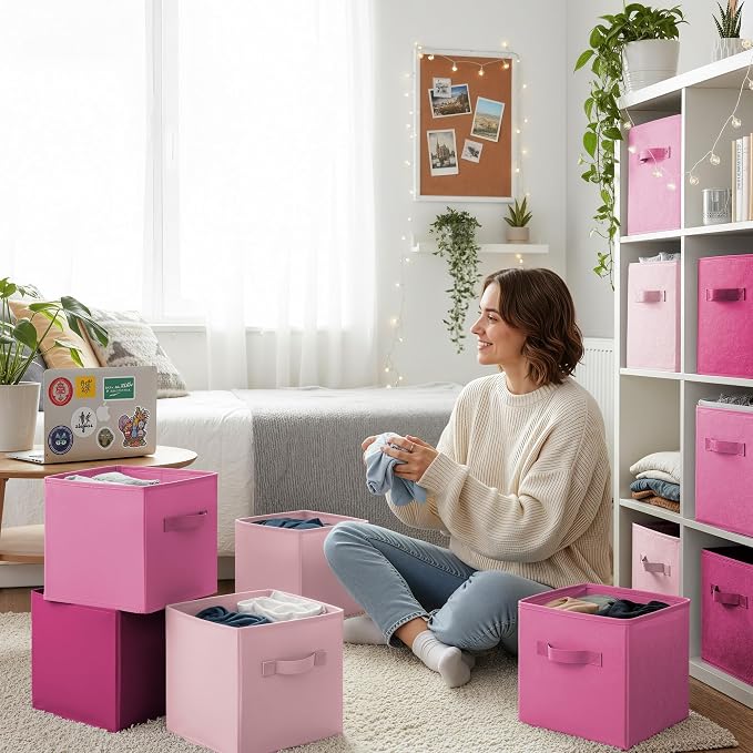 GRANNY SAYS 11 Inch Cube Storage Bins, Cube Storage Organizer, Fabric Collapsible Storage Bins with Handle, Storage Cubes for Shelves, Closet, Pink Gradient, 8-Pack - Image 3