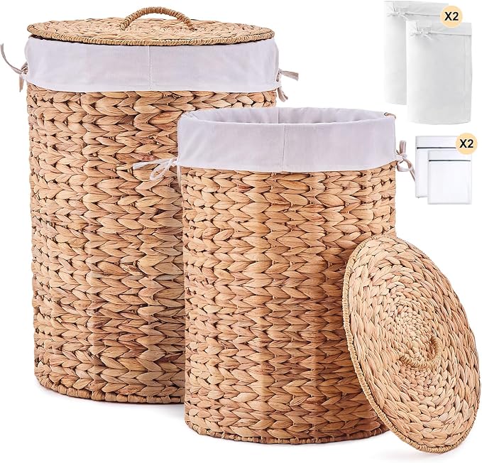 Round Water Hyacinth Laundry Hamper with Lid Handwoven Wicker Basket with Handles for Dirty Clothes, Storage, and Organization Ideal for Bedroom, Bathroom, and Laundry Room, No Assembly Required, 2Pcs by LGENHOOMHandwovenNaturalWaterHyacinthBasket