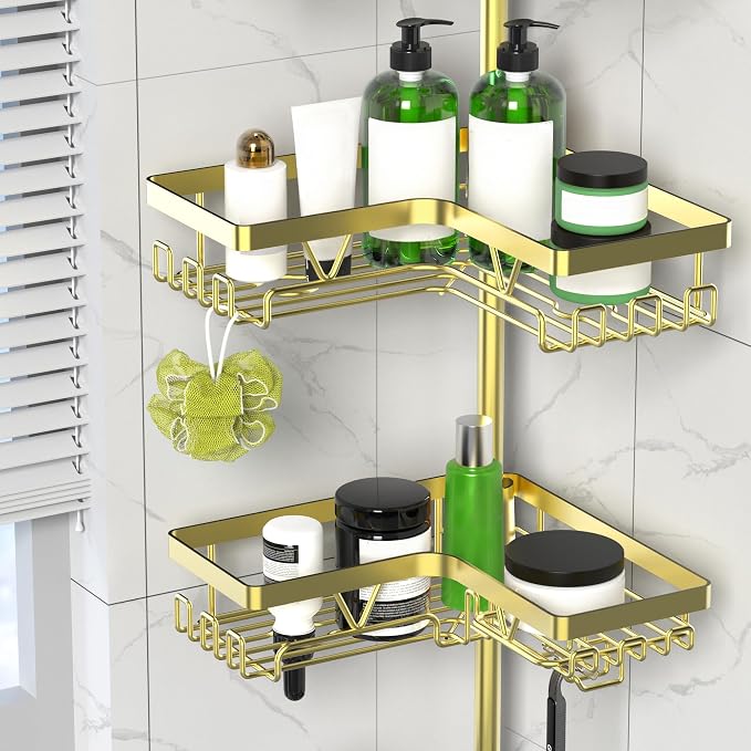 DAOYA Shower Caddy Tension Pole - Gold Corner Shower Caddy Stainless Steel Bathroom Shower Organizer for Tub Tension Rod Corner Shower Shelves(22-114.2inch) - Image 3