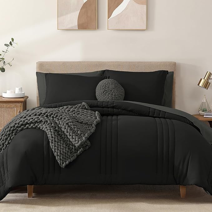 Monbix Queen Comforter Set - 7 Pieces Black Bed in a Bag Queen Bedding Sets with Comforters, All Seasons Comforter Bed Set with Sheets,Pillowcases & Shams