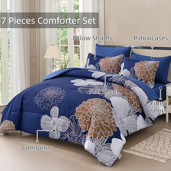 Yiran Navy Brown Comforter Set Queen Bed in a Bag 7 Pieces Floral Soft Microfiber Comforter Bedding Sets Bed Set with Comforter, Sheets, Pillowcases & Shams 90"×90"