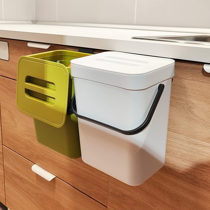 stonespace Hanging Small Trash Can with Lid Under Sink for Kitchen，1.3 Gallon/ 5L Mountable Compost Pail，Kitchen Compost Bin for Countertop, White by stonespace