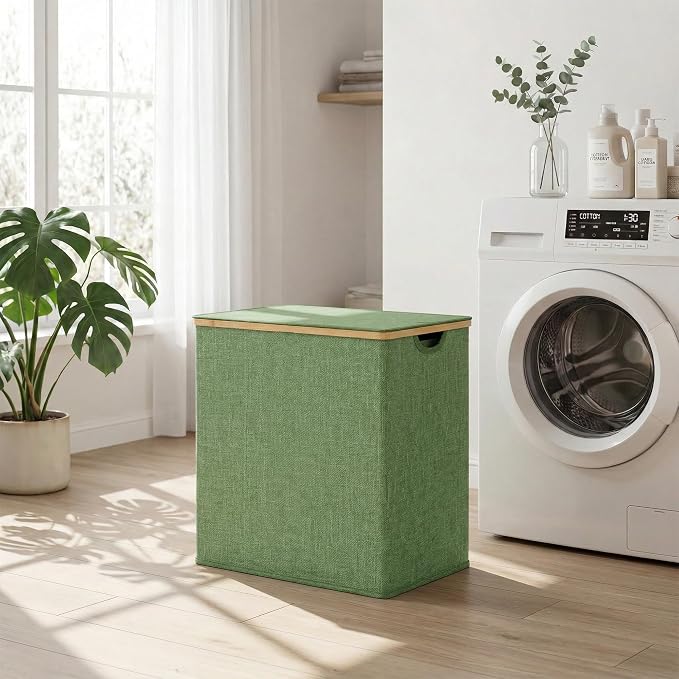 efluky Laundry Hamper with Lid, Double Laundry Hamper with 2 Removable Bags, 2 Section Laundry Basket with Bamboo Handles for Bathroom, Bedroom & Laundry Room,140L Green - Image 8