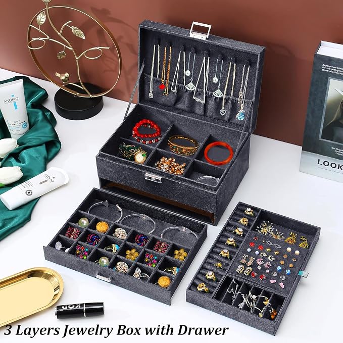 QBestry 3-Layer Jewelry Box for Women with Lock and Key & Drawer, Large Jewelry Organizer with 8 Necklace Hooks & 56 Earring Holes, Grey Velvet Jewelry Storage Box for Necklaces Earrings Ring Bracelet - Image 2