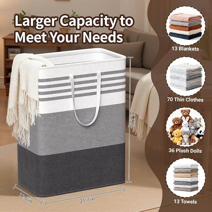 WOWBOX 2 Pack Laundry Baskets, Laundry Hampers, Freestanding Dirty Clothes Hampers with Reinforced Handles & Cross Stitch & Waterproof Coating, for Laundry Bedroom Bathroom Dorm,125L Grey - Image 2
