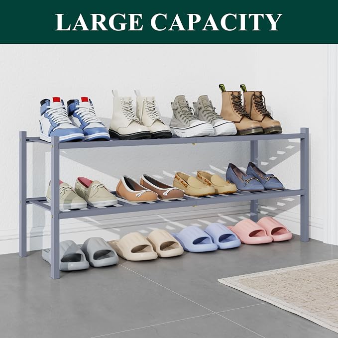 Smiry Bamboo Shoe Rack for Closet, 2 Tier Long Wooden Stackable Shoe Organizer, Free Standing Shoes Storage Shelf for Entryway, Front Door Entrance, Grey - Image 4