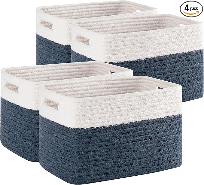 4 Pack Storage Baskets for Organizing, Woven Baskets for Shelves - Perfect for Toys, Books, Towels, and Clothes, Durable Gift Basket Bins Toy Storage, 12.7''L x9''W x7.8''H, Blue and White by SIXDOVE