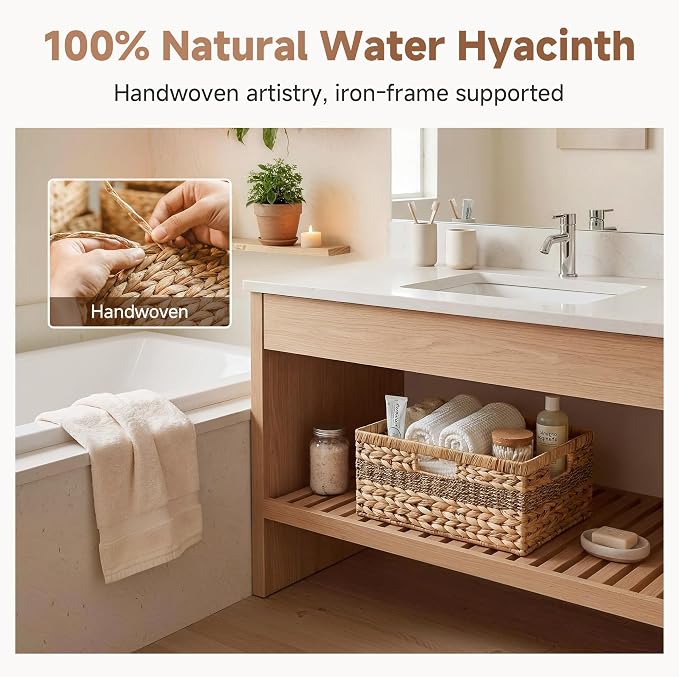StorageWorks Jumbo Rectangular Wicker Basket, Water Hyacinth and Seagrass Storage Basket with Built-in Handles, 1 Pack - Image 5