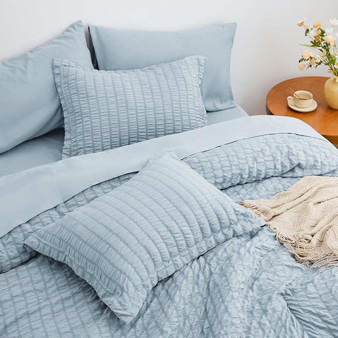 Love's cabin Seersucker Light Blue California King Comforter Set, 7-Piece All Season Lightweight Bed in a Bag Bedding Set with Comforter, Flat Sheet, Fitted Sheet, Pillowcases and Shams | Soft, Breathable, Lightweight