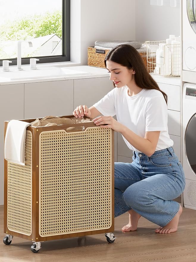 Laundry Hamper with Wheels, Decorative Boho Rattan Laundry Baskets, 90L Large Bamboo Dirty Clothes Basket Organizer, Rolling Wicker Laundry Hampers for Bathroom,Bedroom - Image 2