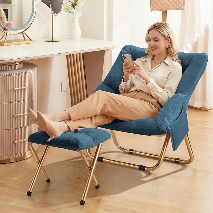 Kasunpul Comfy Saucer Chair, Foldable Living Room Chairs, Soft Faux Fur Lounge Chair for Bedroom, Reading Chairs for Adults, Teens, X-Large (Blue Grey)