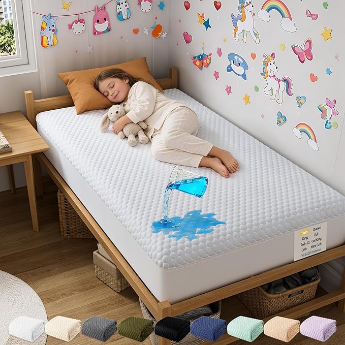 OhGeni 100% Waterproof Mattress Protector,Twin Size Mattress Soft Pad,Pet Hair & Bedwetting Resistant,Cooling Breathable Fitted Sheets,Washable Bed Cover,Non-Slip Deep Pocket,Noiseless for Kids Rooms