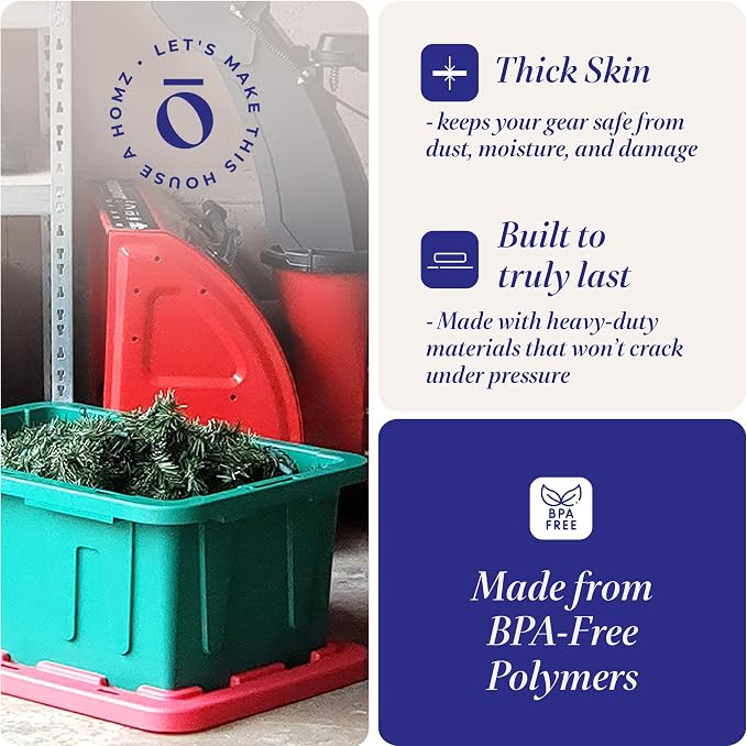 HOMZ 2-Pack Durabilt, Heavy Duty Plastic Storage Bins with Lids, 15 Gallon, Green/Red - Stackable Container Boxes for Holiday, Attic, and Garage Organization - Image 3