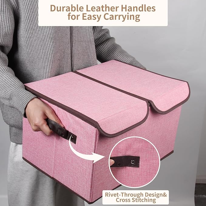 Foldable Fabric Storage Box, 16.5 x 11.8 x 9.8 inches (L x W x H), with Double-Lid & Dividers, Large Organizer for Home, Closet, Office(Pink, 4 Packs) - Image 4