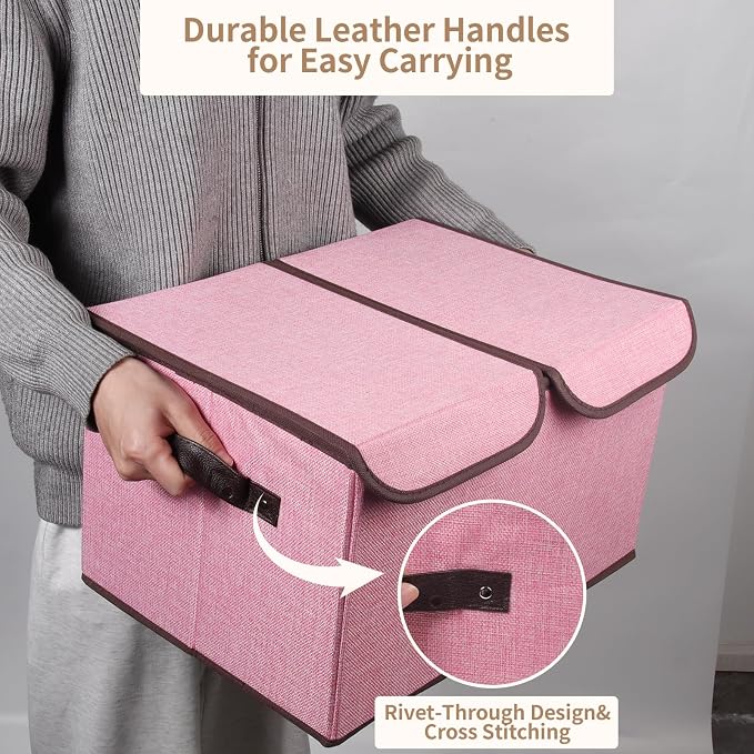 Foldable Fabric Storage Box, 16.5 x 11.8 x 9.8 inches (L x W x H), with Double-Lid & Dividers, Large Organizer for Home, Closet, Office(Pink) - Image 4