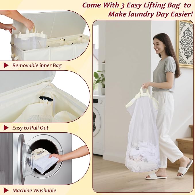 150L Laundry Hamper 2 Section, Large Laundry Hamper with Lid, Dirty Clothes Hamper with 2 Removable Inner Bags, Collapsible Laundry Basket Organizer for for Clothes Toys Towels, Hamper 2 Compartment - Image 6