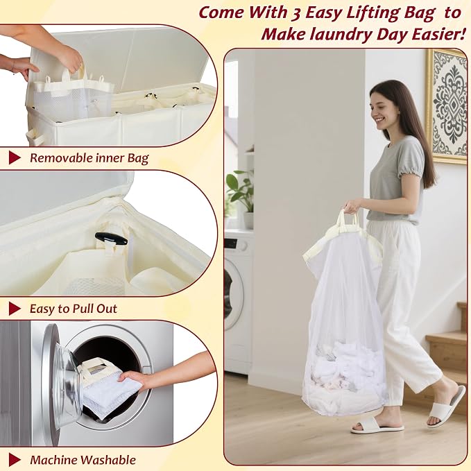 195L Laundry Hamper 3 Section,Large Laundry Hamper with Lid,Dirty Clothes Hamper with 3 Inner Bags,Collapsible Laundry Basket Organizer for Laundry Room,Bedroom,Laundry Sorter Hamper 3 Compartment - Image 6
