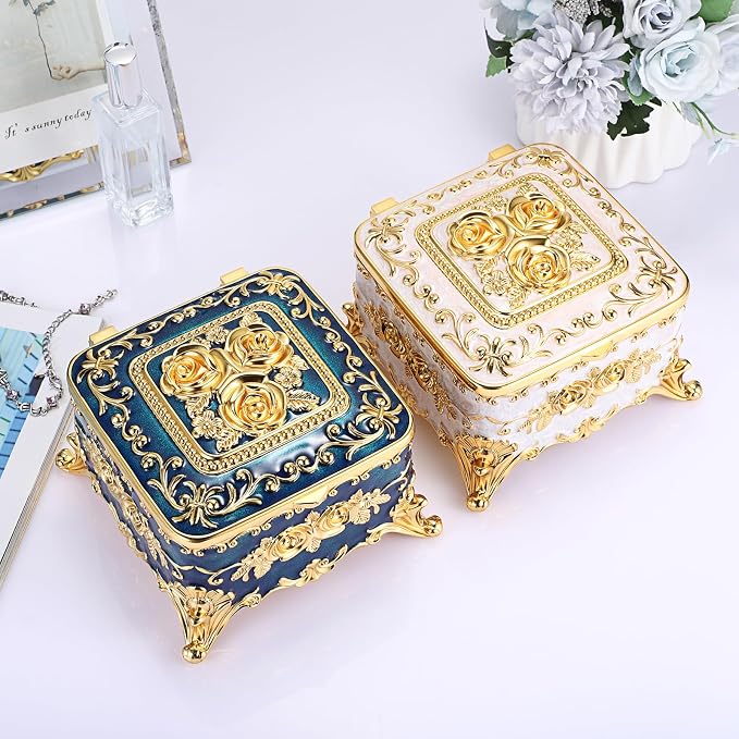 Hipiwe Metal Jewelry Box Decorative Trinket Chest Rectangular Treasure Display Case Keepsake Organizer for Earrings Ring Holder, Blue, 5.1" L x 5.1" W x 3.1" H - Image 7