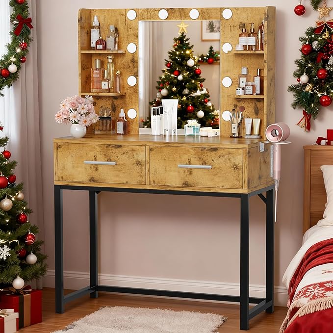 YESHOMY Vanity Desk with Mirror, Makeup Table with 2 Large Drawers, Power Outlet and Round Holder, 3 Color Modes Adjustable Bulb, Rustic Brown & Black