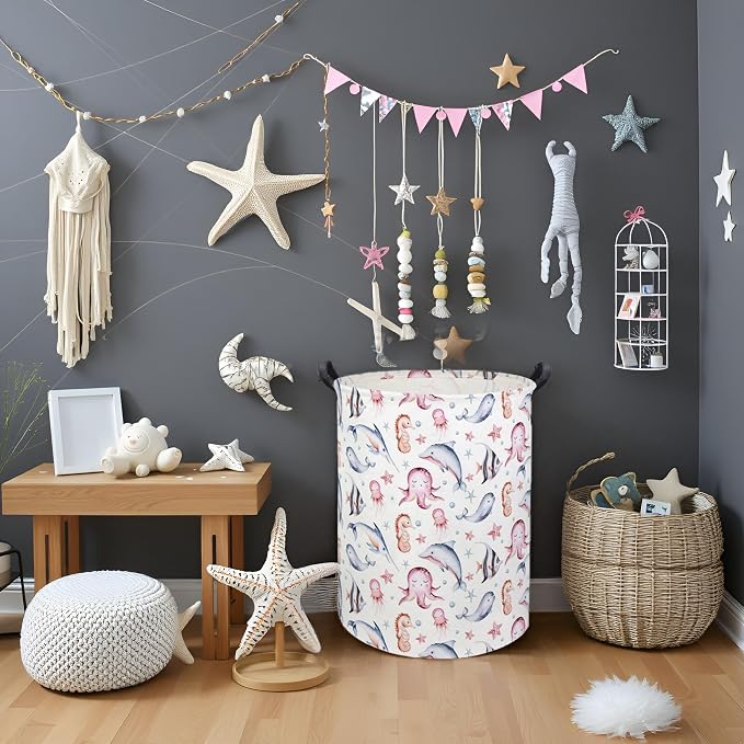 HIYAGON Baby Laundry Basket Baby Hamper for Nursery Girl Kids Ocean Hamper Cute Kids Toys Storage Bin Organizer Pink Room Decor for Home(Pink Ocean) - Image 6