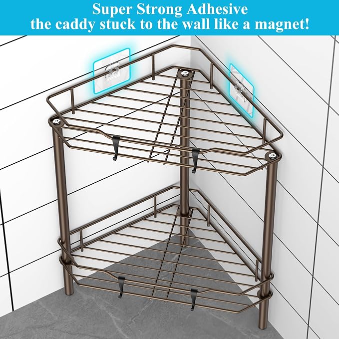 HuggieGems 2 Tier Floor Standing Corner Shower Caddy Organizer Shelf with Hooks, Bathroom Shelves Stand Rack, Bronze - Image 2
